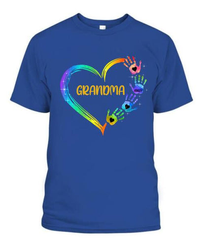 Grandma Mom Heart Hand Print Personalized Graphic Apparel - Title, Number of Kids and Name can be customized