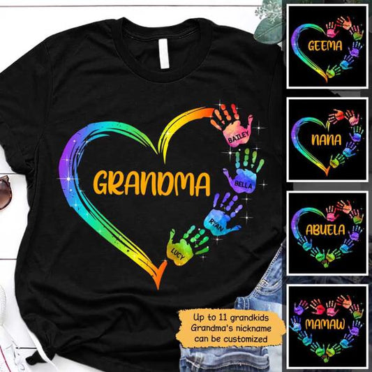 Grandma Mom Heart Hand Print Personalized Graphic Apparel - Title, Number of Kids and Name can be customized