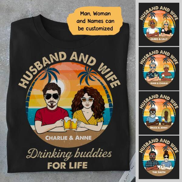 Husband Wife Drinking Buddies Personalized Graphic Apparel - Design and Name can be customized