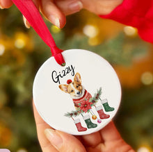 Load image into Gallery viewer, Personalized Pup In Ugly Sweater With Christmas Stockings Custom Ceramic Ornament
