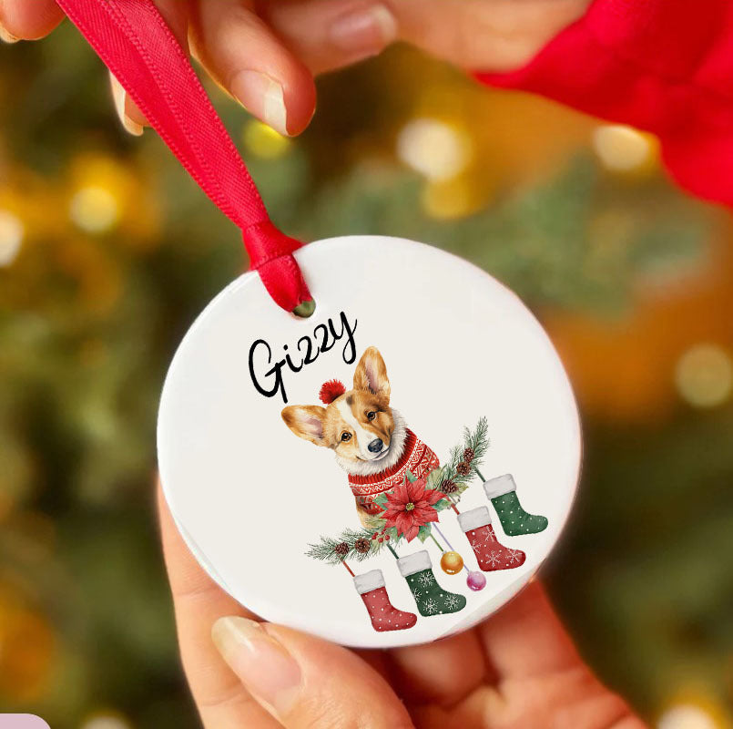 Personalized Pup In Ugly Sweater With Christmas Stockings Custom Ceramic Ornament