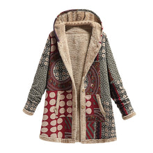 Load image into Gallery viewer, Winter Vintage Women Coat Warm Printing Thick Fleece Hooded Long Jacket with Pocket Ladies
