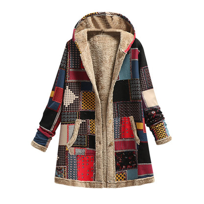 Winter Vintage Women Coat Warm Printing Thick Fleece Hooded Long Jacket with Pocket Ladies