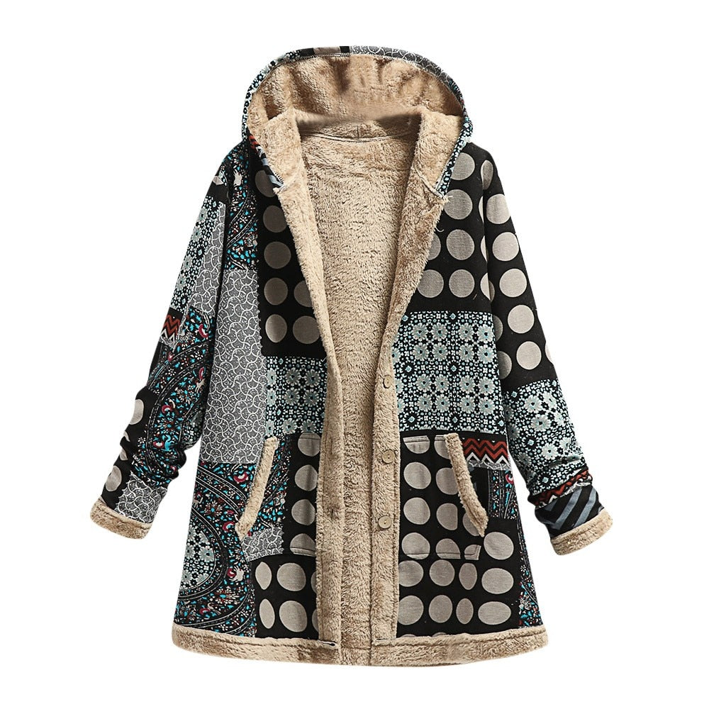 Winter Vintage Women Coat Warm Printing Thick Fleece Hooded Long Jacket with Pocket Ladies
