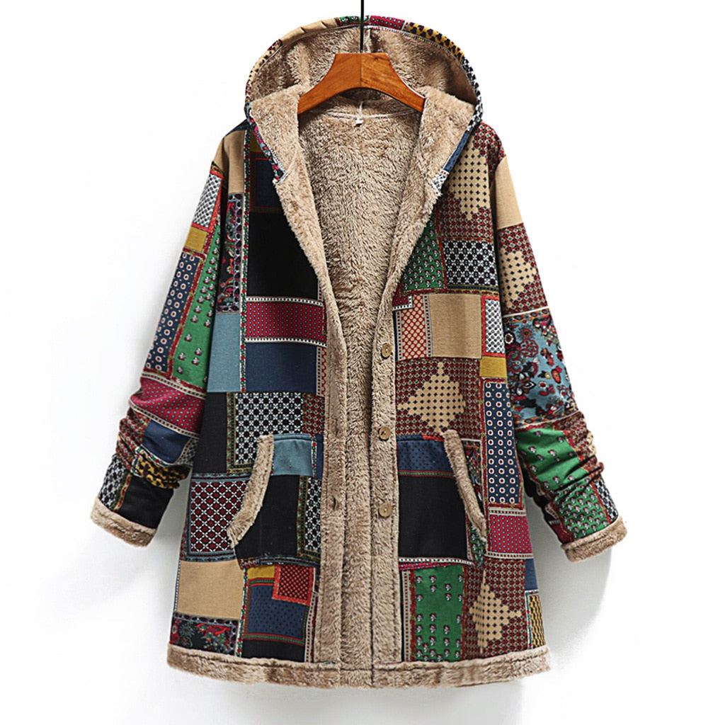 Winter Vintage Women Coat Warm Printing Thick Fleece Hooded Long Jacket with Pocket Ladies