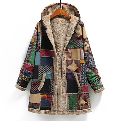 Winter Vintage Women Coat Warm Printing Thick Fleece Hooded Long Jacket with Pocket Ladies