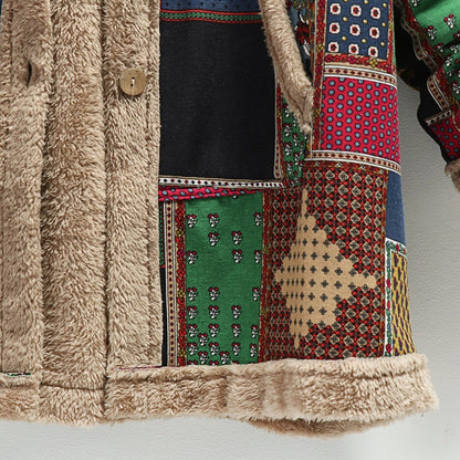 Winter Vintage Women Coat Warm Printing Thick Fleece Hooded Long Jacket with Pocket Ladies