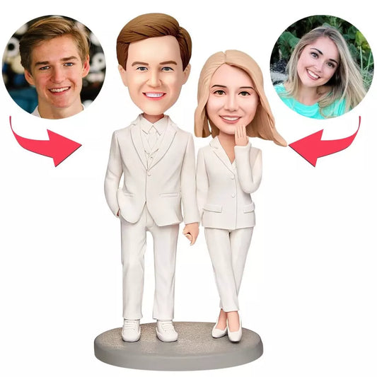 Personalized Wedding Gift White Suit Bobble Head Handmade Couple Bulk Clay Dolls Custom Polymer Clay Tiny Figurines