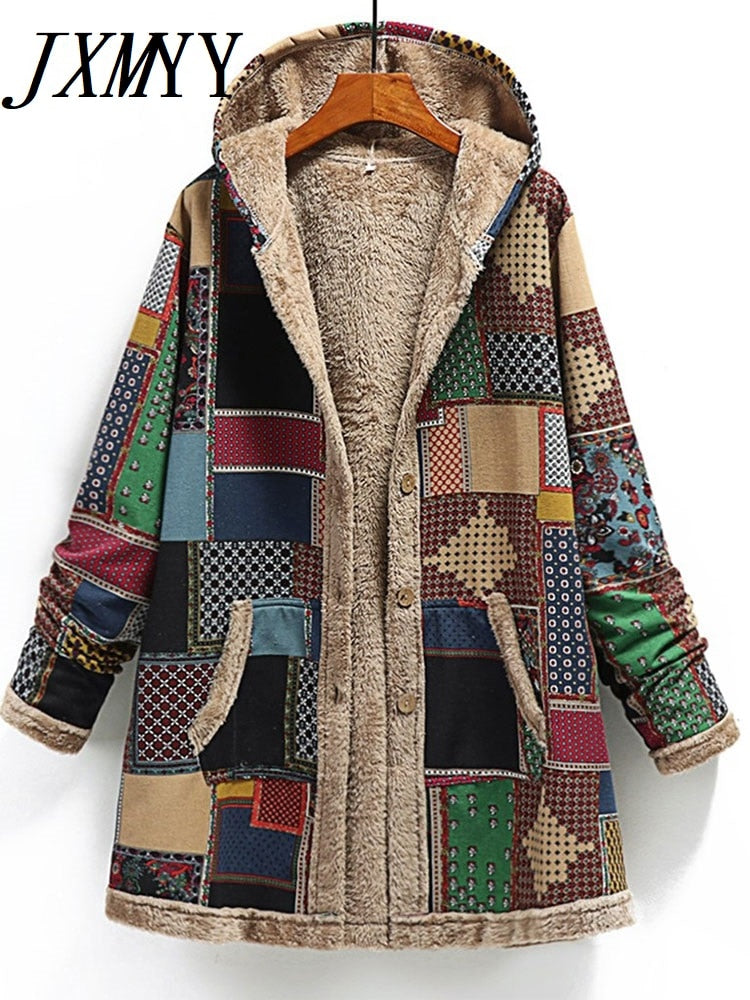 Winter Vintage Women Coat Warm Printing Thick Fleece Hooded Long Jacket with Pocket Ladies