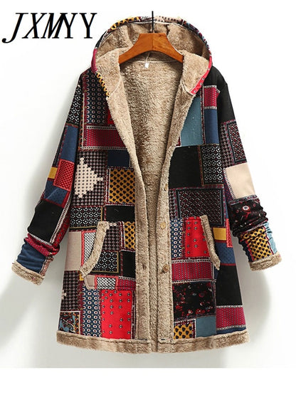 Winter Vintage Women Coat Warm Printing Thick Fleece Hooded Long Jacket with Pocket Ladies
