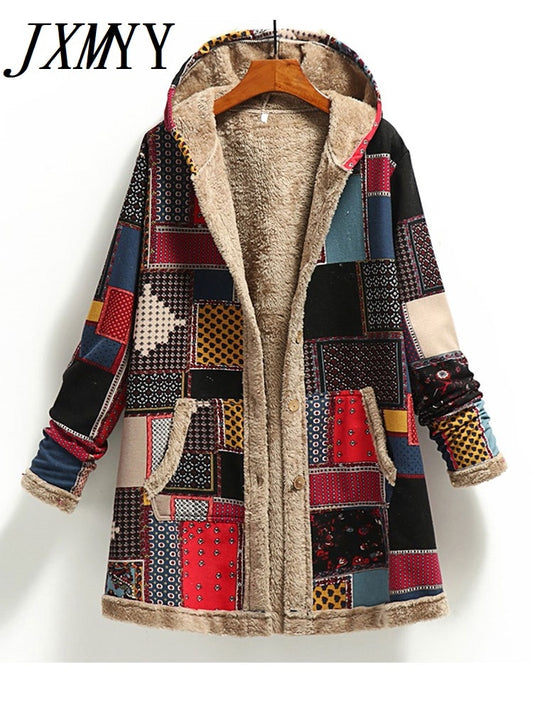 Winter Vintage Women Coat Warm Printing Thick Fleece Hooded Long Jacket with Pocket Ladies