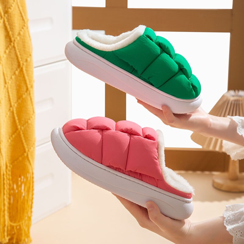 Comwarm New Fashion Plush Slippers For Woman Man Bread Shoes Winter Warm Thick Platform Waterproof Slippers Outdoor Home Shoes