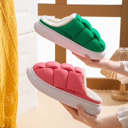 Comwarm New Fashion Plush Slippers For Woman Man Bread Shoes Winter Warm Thick Platform Waterproof Slippers Outdoor Home Shoes