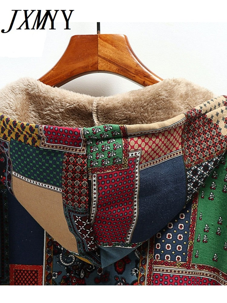Winter Vintage Women Coat Warm Printing Thick Fleece Hooded Long Jacket with Pocket Ladies