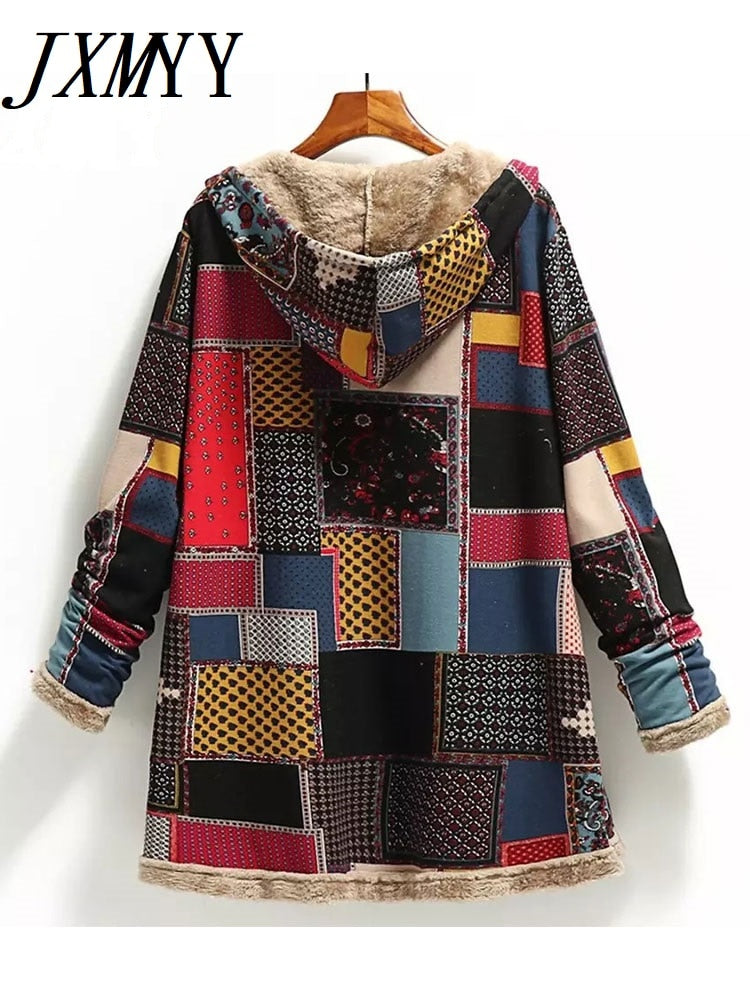 Winter Vintage Women Coat Warm Printing Thick Fleece Hooded Long Jacket with Pocket Ladies