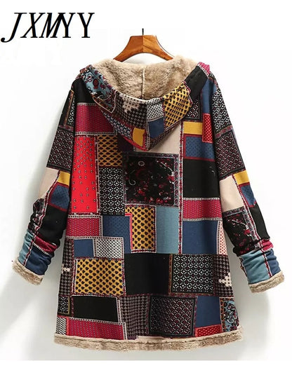 Winter Vintage Women Coat Warm Printing Thick Fleece Hooded Long Jacket with Pocket Ladies