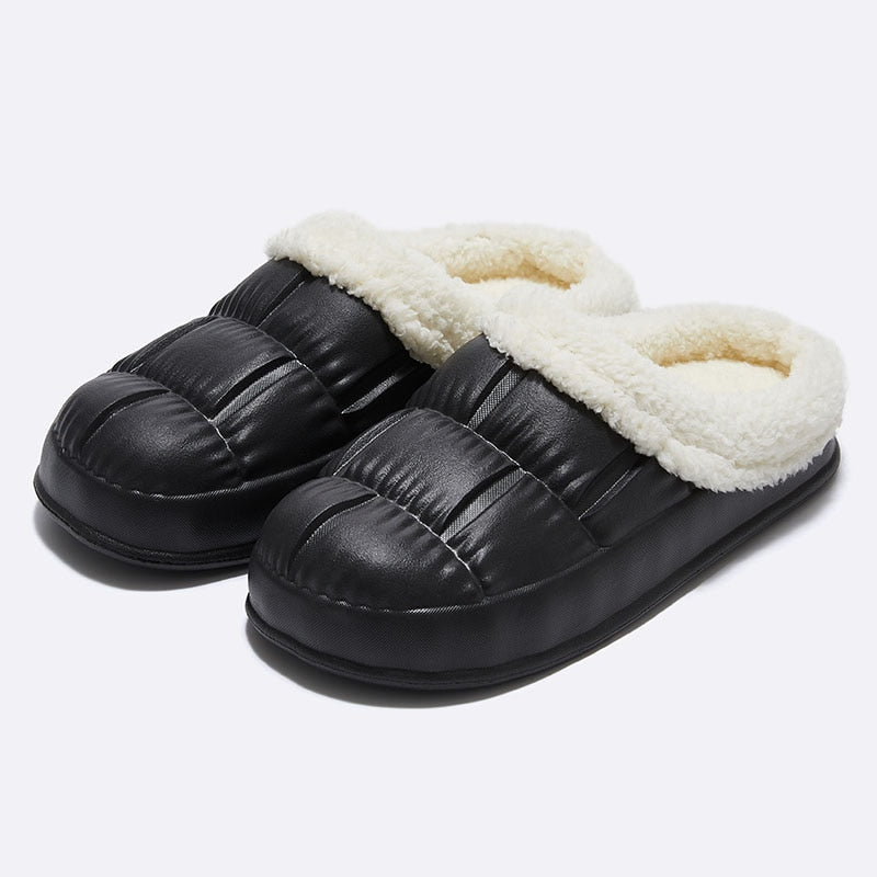 Comwarm New Fashion Plush Slippers For Woman Man Bread Shoes Winter Warm Thick Platform Waterproof Slippers Outdoor Home Shoes