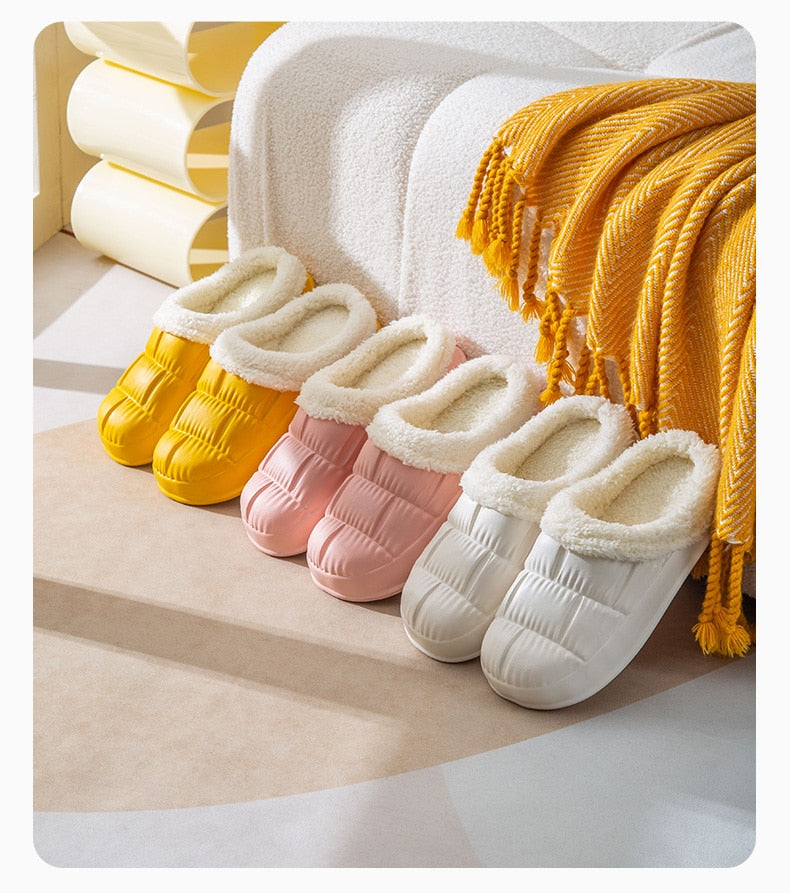 Comwarm New Fashion Plush Slippers For Woman Man Bread Shoes Winter Warm Thick Platform Waterproof Slippers Outdoor Home Shoes